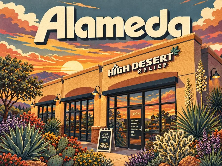 Illustration of the High Desert Relief Alameda dispensary in Albuquerque at sunset