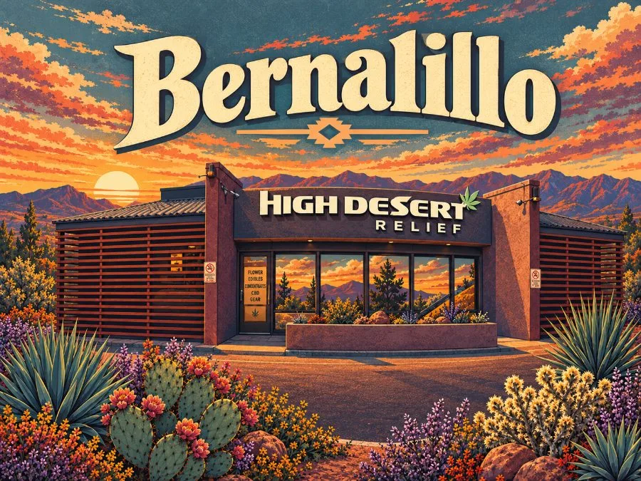 Illustration of the High Desert Relief dispensary in Bernalillo at sunset