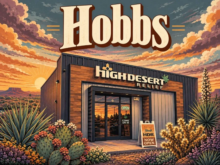 Illustration of the High Desert Relief dispensary in Hobbs at sunset