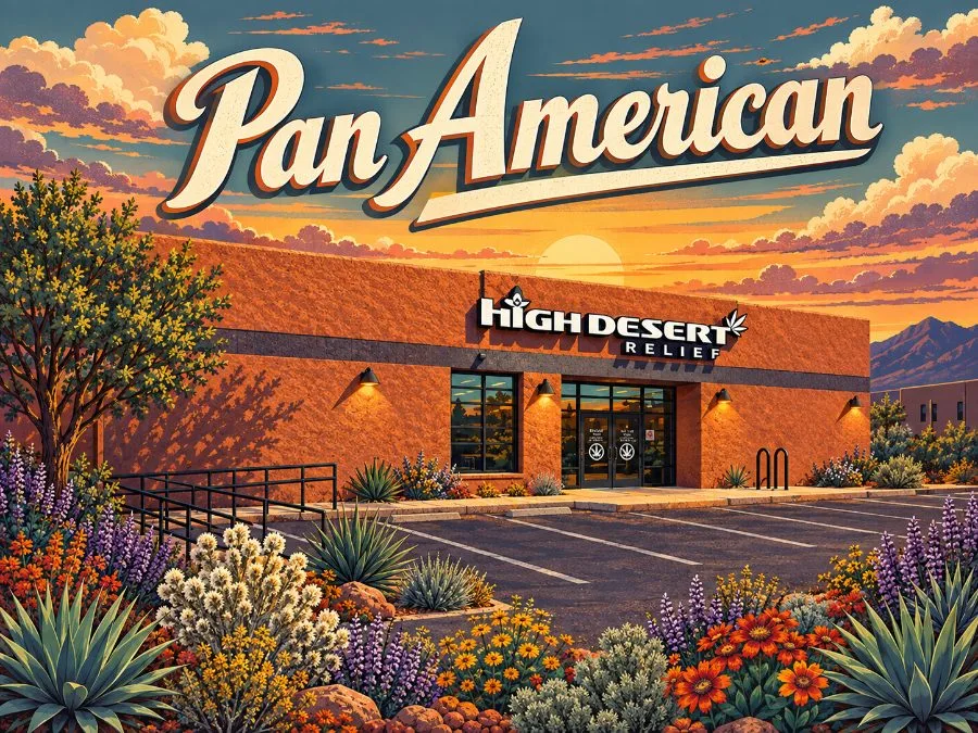Illustration of the High Desert Relief Pan American dispensary in Albuquerque at sunset