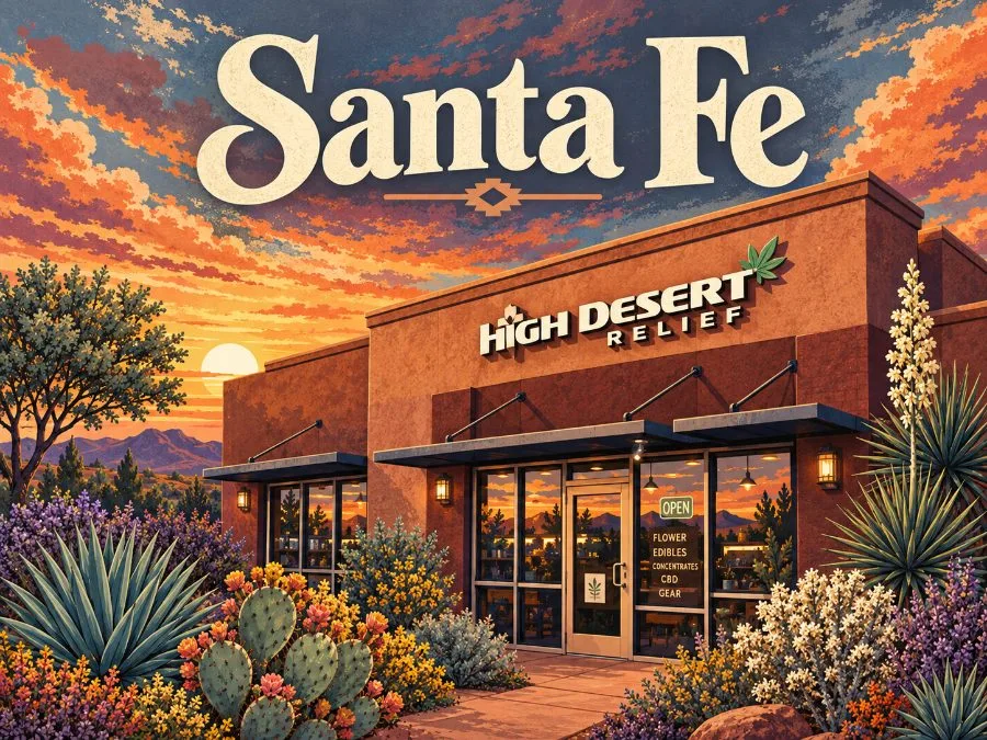 Illustration of the High Desert Relief dispensary in Santa Fe at sunset