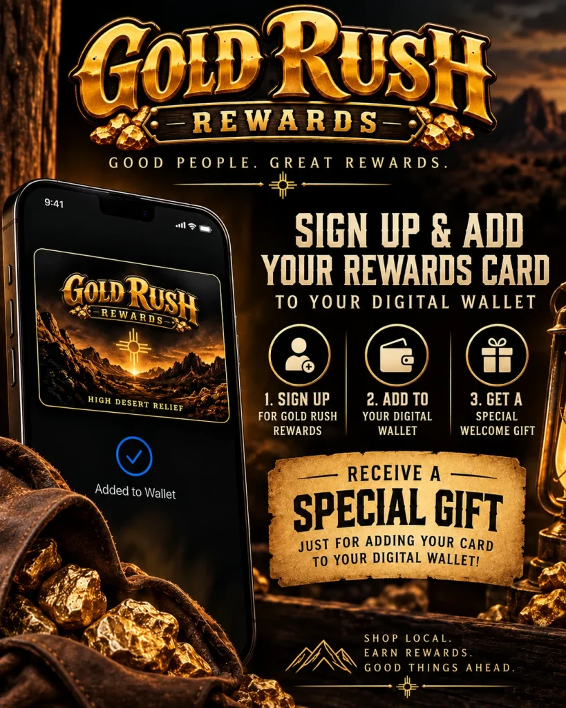 Gold Rush Rewards card saved to a phone digital wallet: sign up, add to wallet, get a welcome gift