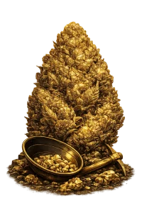 Golden cannabis bud with a gold pan of nuggets, Gold Rush Rewards at High Desert Relief