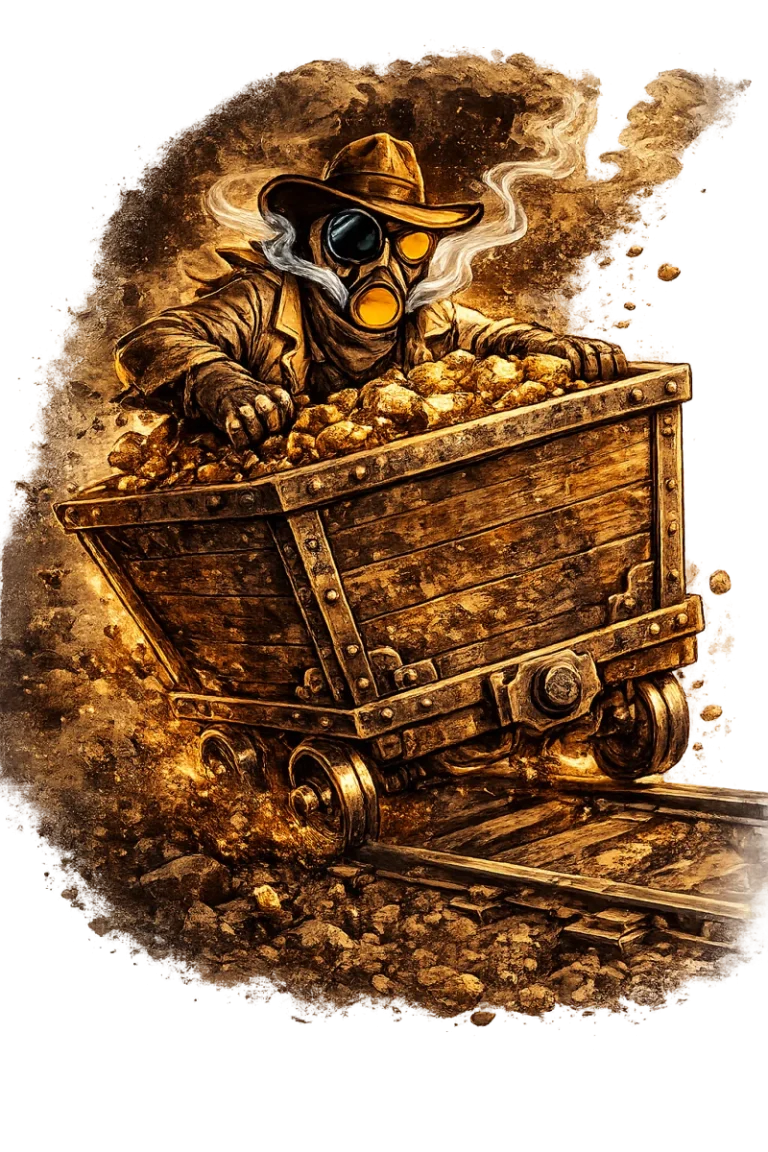 Gold Rush miner riding a mine cart full of gold nuggets