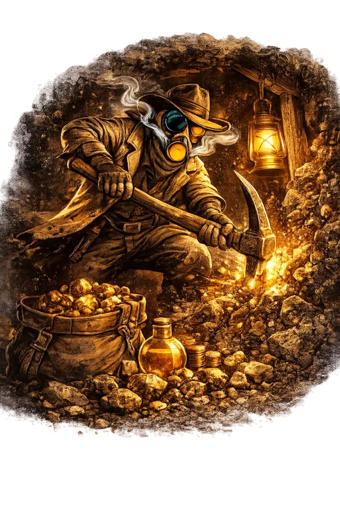 Gold Rush miner digging for gold nuggets by lantern light