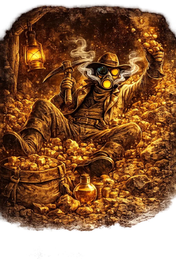 Gold Rush miner relaxing on a pile of gold nuggets