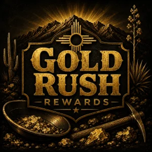 Gold Rush Rewards badge with the Zia symbol and New Mexico mountains