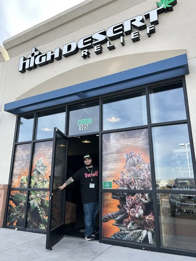 Budtender at the door of the High Desert Relief Alameda dispensary on NM-528 in Albuquerque