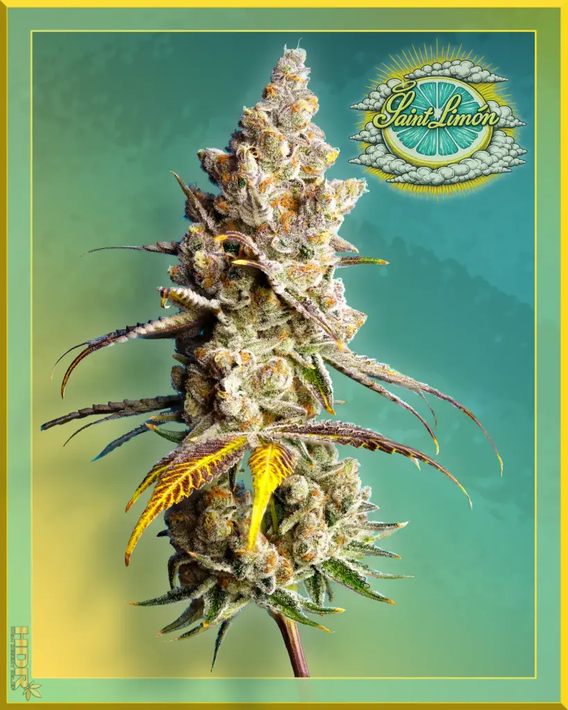 Close-up macro photo of a Saint Limon cannabis bud covered in trichomes, High Desert Relief