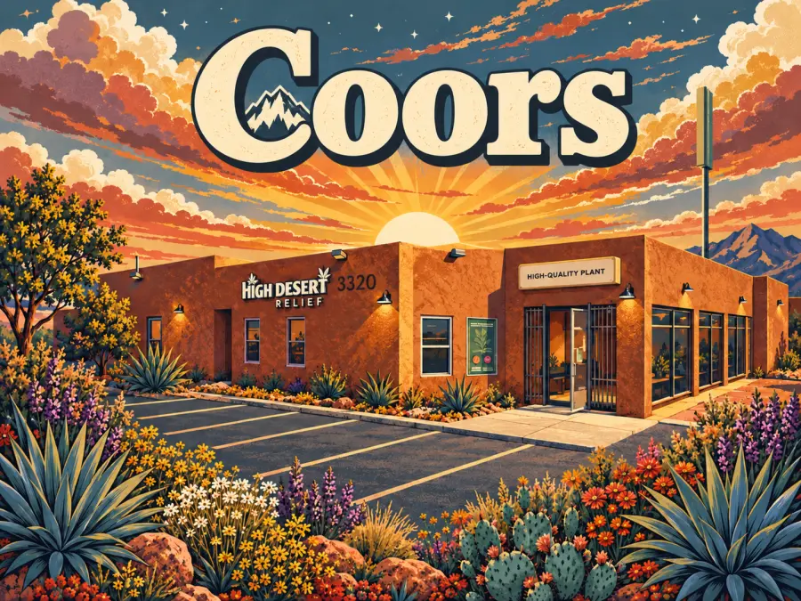 Illustration of the High Desert Relief Coors dispensary at 3320 Coors Blvd NW on Albuquerque's Westside at sunset