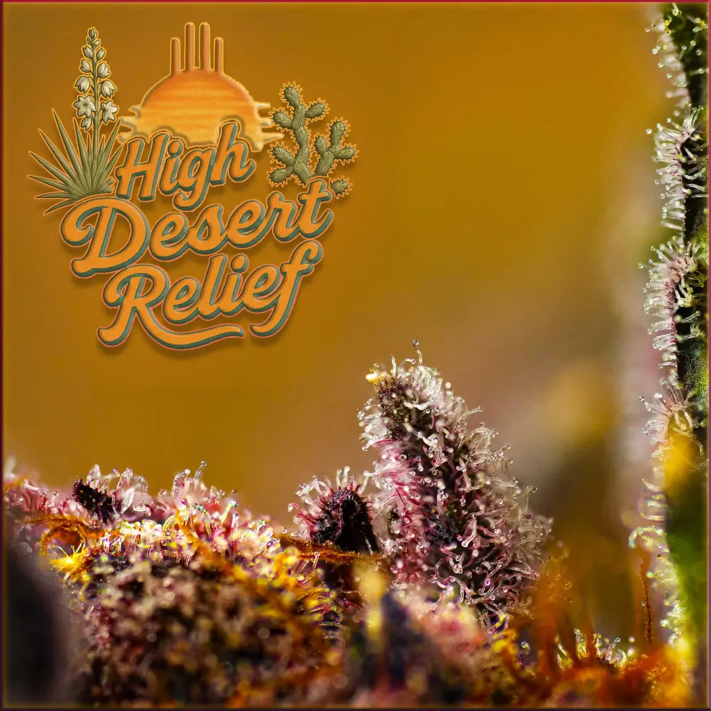 Macro photo of frosty Trop Cherry cannabis trichomes with the High Desert Relief logo